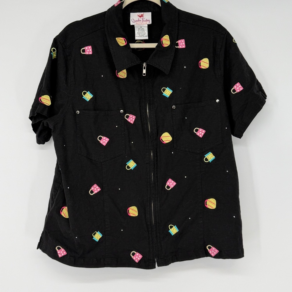 Quaker Factory Linen Blend 1X Black Short Sleeve Zip‎ Up Embroidered Purses